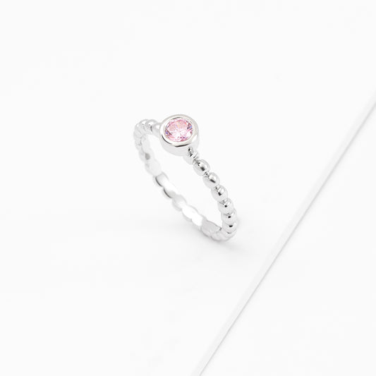 Sterling Silver Bezel Zirconia October Birthstone Beaded Ring