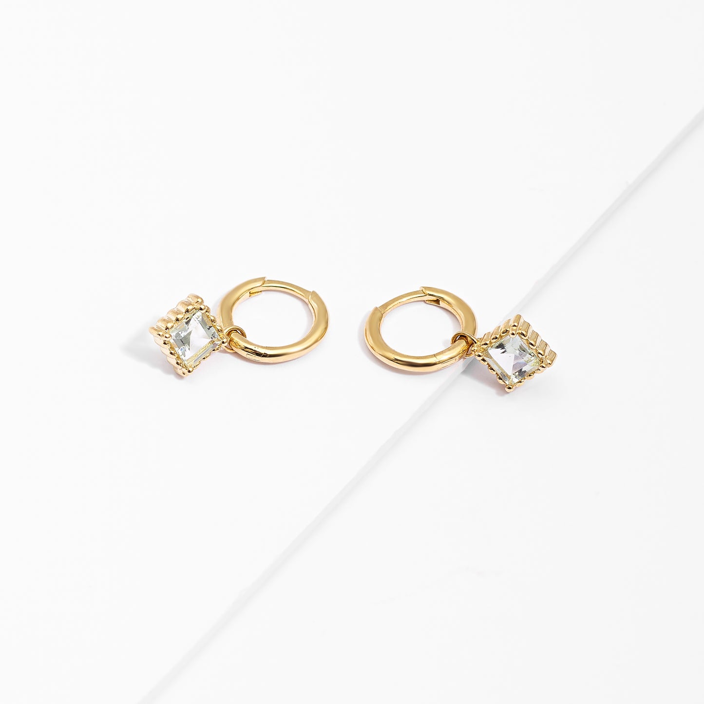 9K Yellow Gold Huggie Earrings With Dangling Asscher Cut Green Amethyst