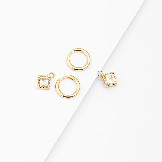 9K Yellow Gold Huggie Earrings With Dangling Asscher Cut Green Amethyst