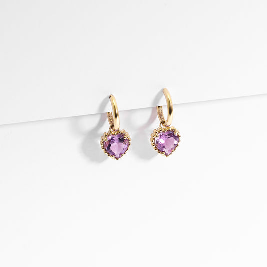 9K Yellow Gold Huggie Earrings With Dangling Amethyst Heart