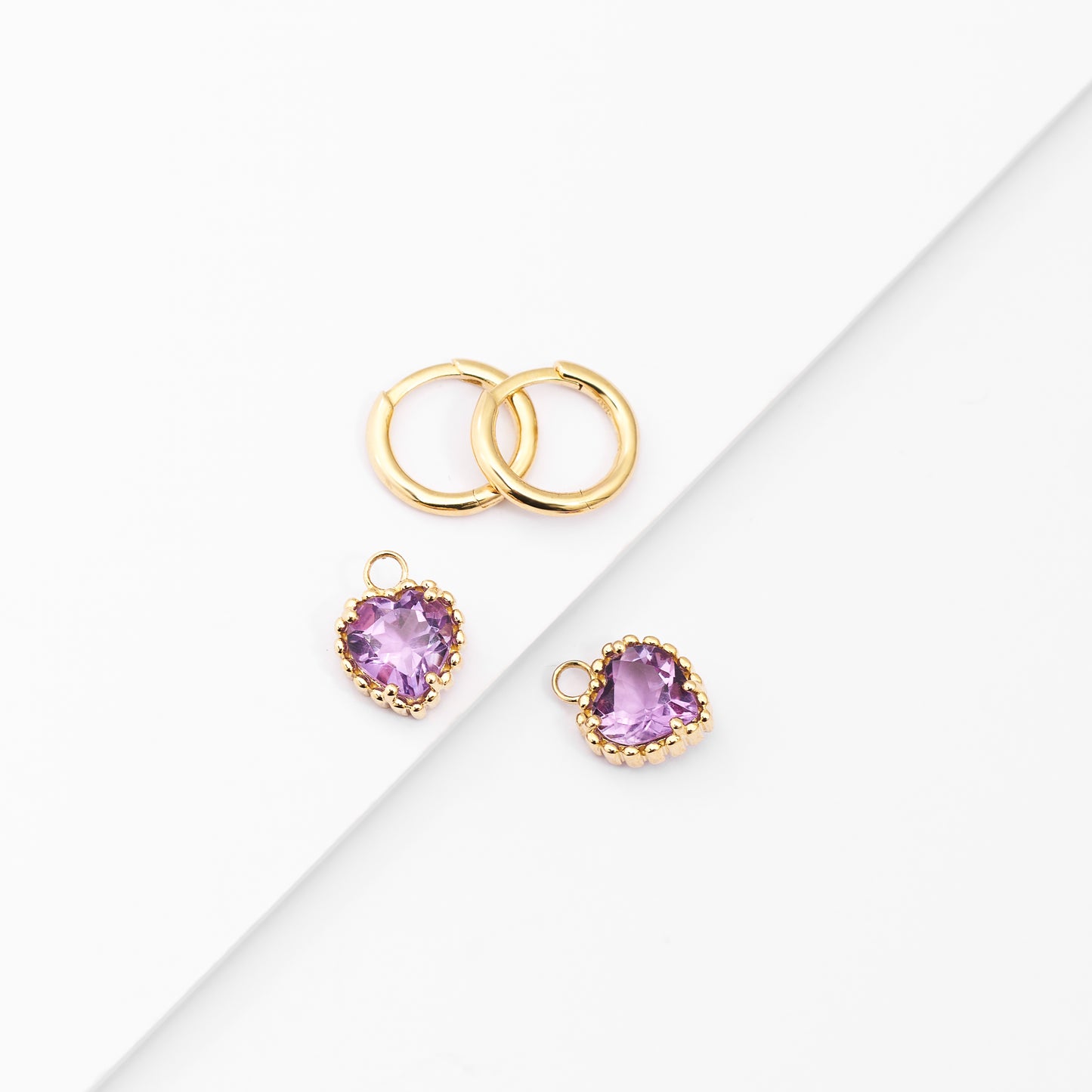 9K Yellow Gold Huggie Earrings With Dangling Amethyst Heart