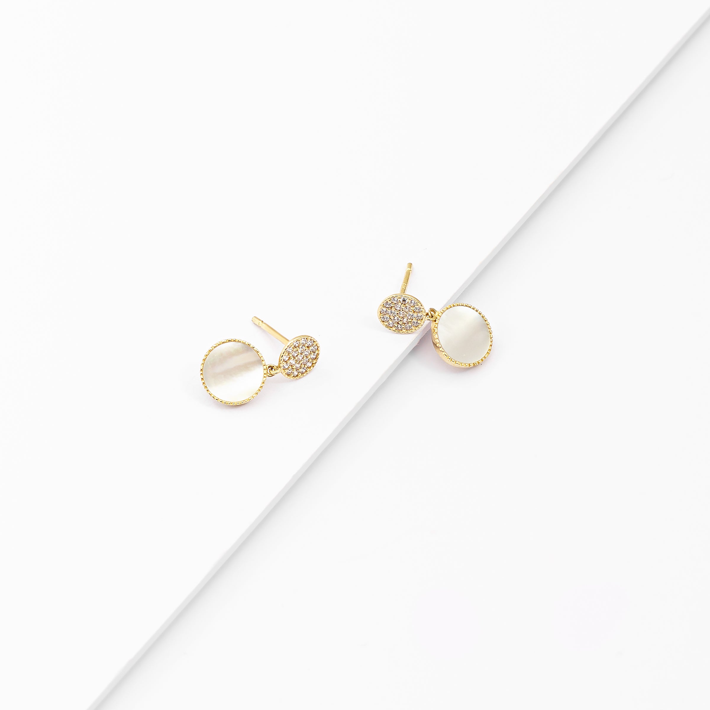 9K Yellow Gold Mother Of Pearl And Zirconia Cluster Double Disc Drop Stud Earrings