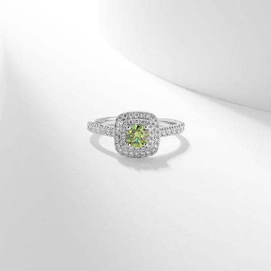 Platinum 0.51tdw Round Brilliant Green Lab Diamond With Double Halo And Claw Set Shoulders Ring