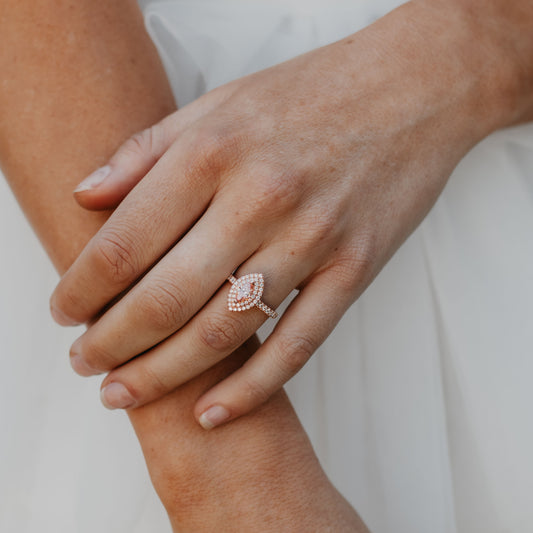 14K Rose Gold 1.08tdw Marquise Pink Lab Diamond Centre With Double Halo And Claw Set Shoulders Ring