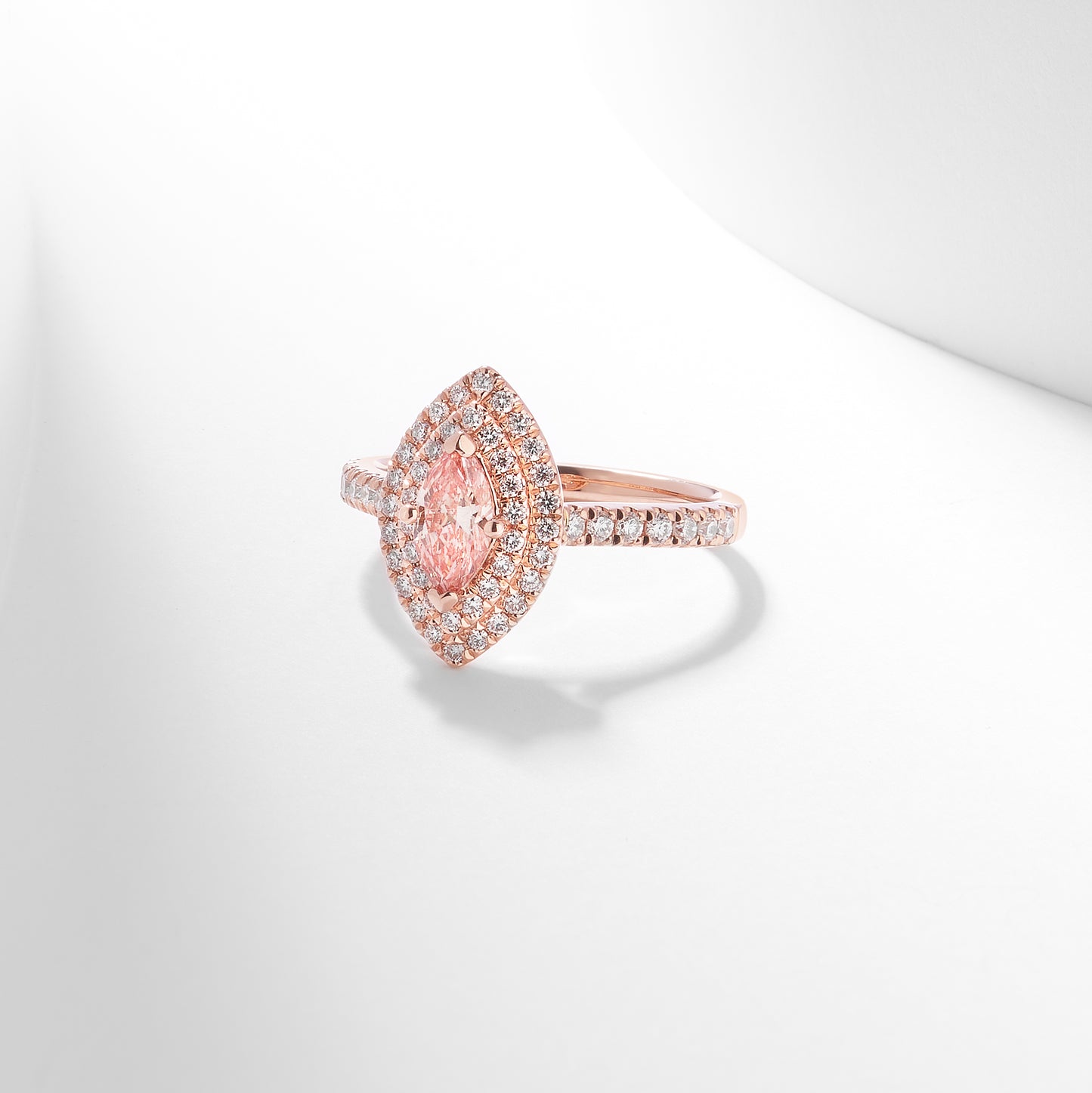 14K Rose Gold 1.08tdw Marquise Pink Lab Diamond Centre With Double Halo And Claw Set Shoulders Ring