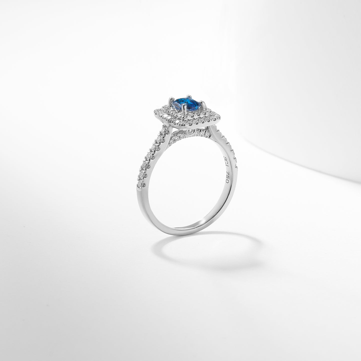 Platinum 0.96tdw Princess Cut Blue Lab Diamond Centre With Double Halo And Claw Set Shoulders Ring