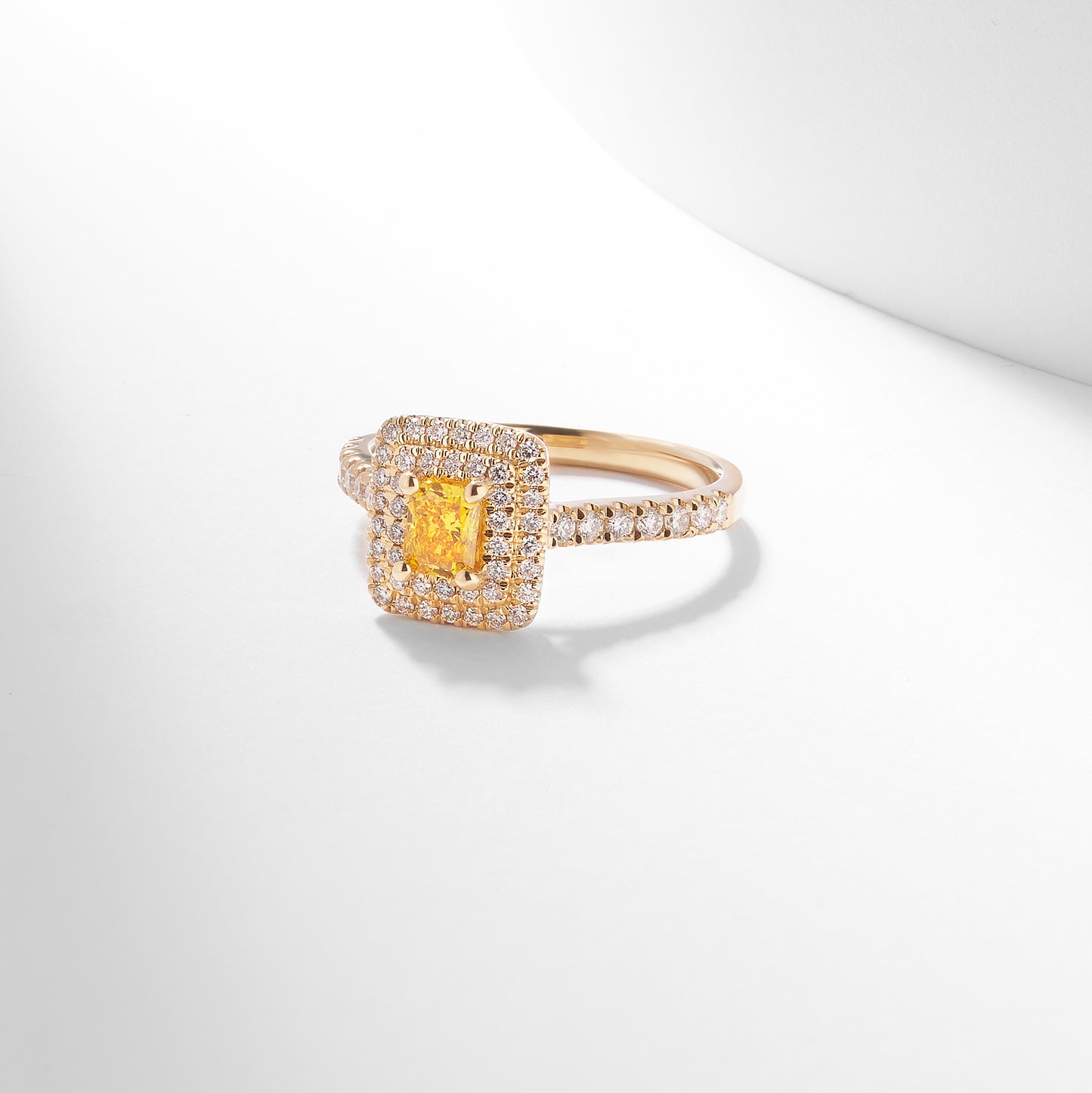 18K Yellow Gold 0.95tdw Radiant Yellow Lab Diamond Centre With Double Halo And Claw Set Shoulders Diamond Ring