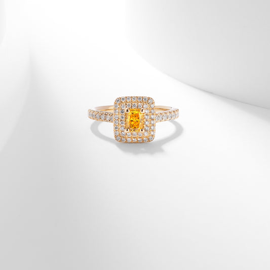 18K Yellow Gold 0.95tdw Radiant Yellow Lab Diamond Centre With Double Halo And Claw Set Shoulders Diamond Ring