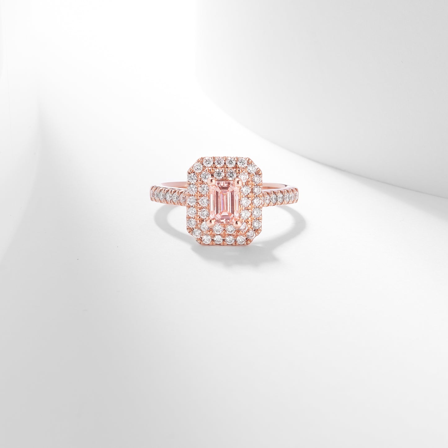 14K Rose Gold 1.38tdw Emerald Cut Pink Lab Diamond Centre With Double Halo And Claw Set Shoulders Ring