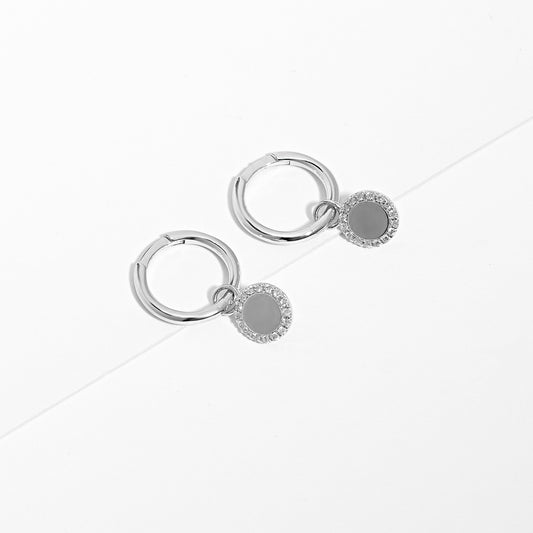 Sterling Silver Zirconia Huggie Earrings With Dangling Round Petite Disc 10mm