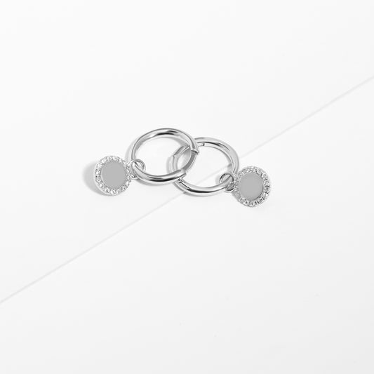 Sterling Silver Zirconia Huggie Earrings With Dangling Round Petite Disc 10mm
