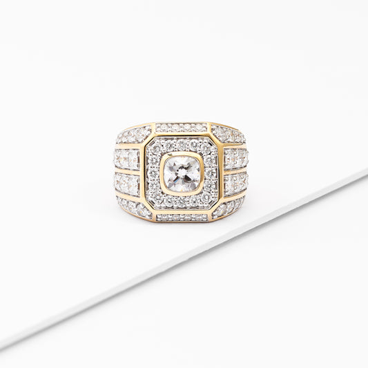 9K Yellow Gold Bezel 1.5ct Cushion Lab Diamond Halo And Shoulders Flat Top Dress Ring 4.2tdw