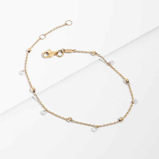 9K Yellow Gold Cable Link Ball and Crystal Bracelet 20cm