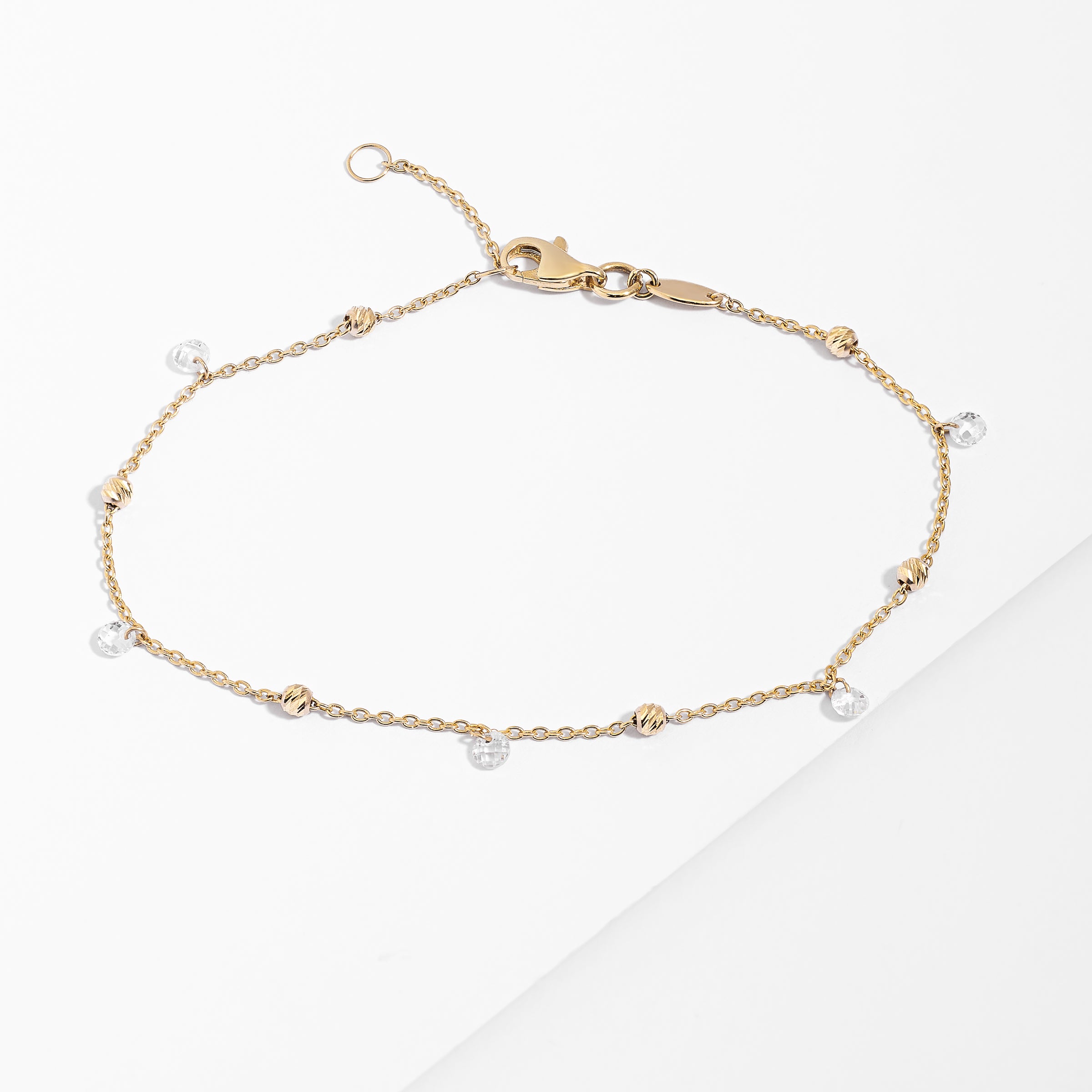 9K Yellow Gold Cable Link Ball and Crystal Bracelet 20cm