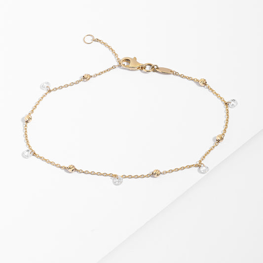 9K Yellow Gold Cable Link Ball and Crystal Bracelet 20cm