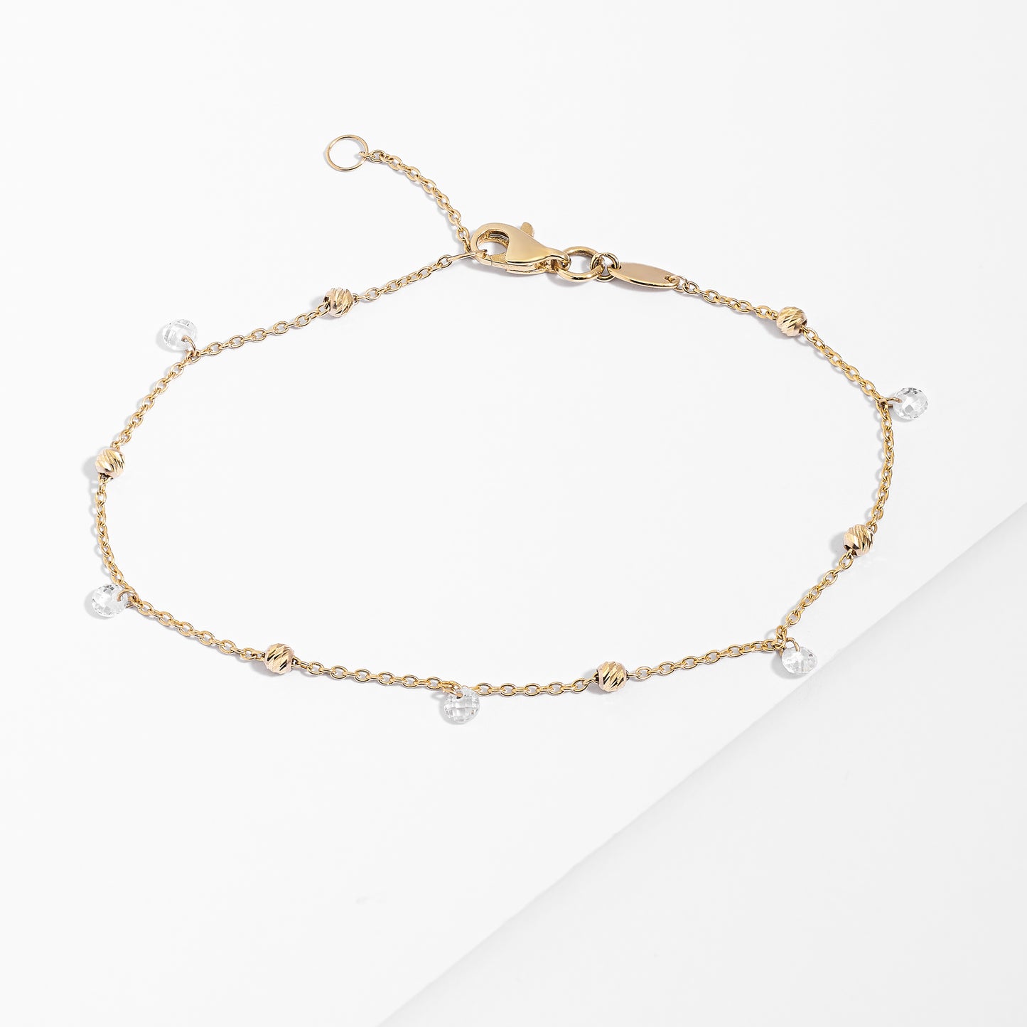 9K Yellow Gold Cable Link Ball and Crystal Bracelet 20cm