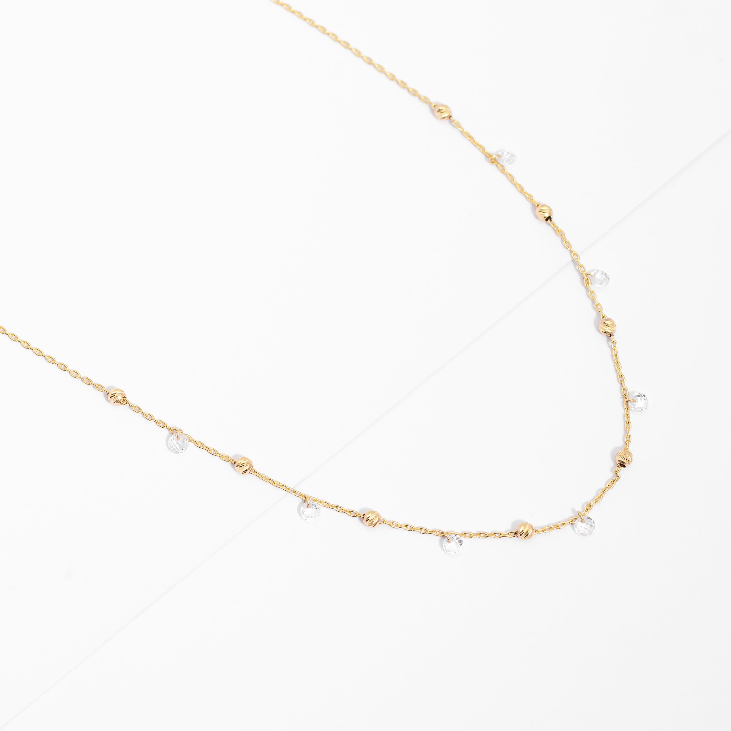 9K Yellow Gold Cable Link Ball and Crystal Necklace 50cm