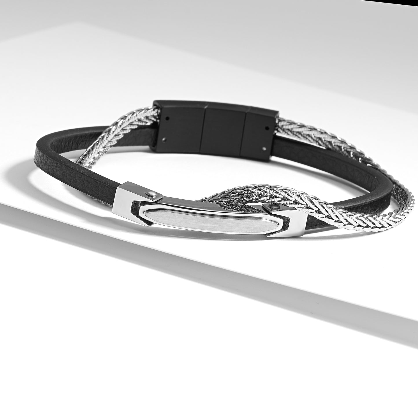 Stainless Steel And Black leather Double Row Bracelet With Engravable Bar