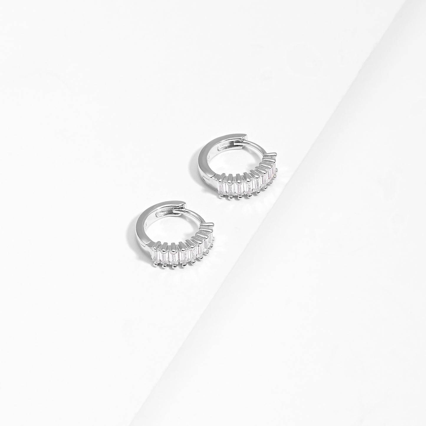 Sterling Silver Claw Set Baguette Zirconia Huggies 13mm