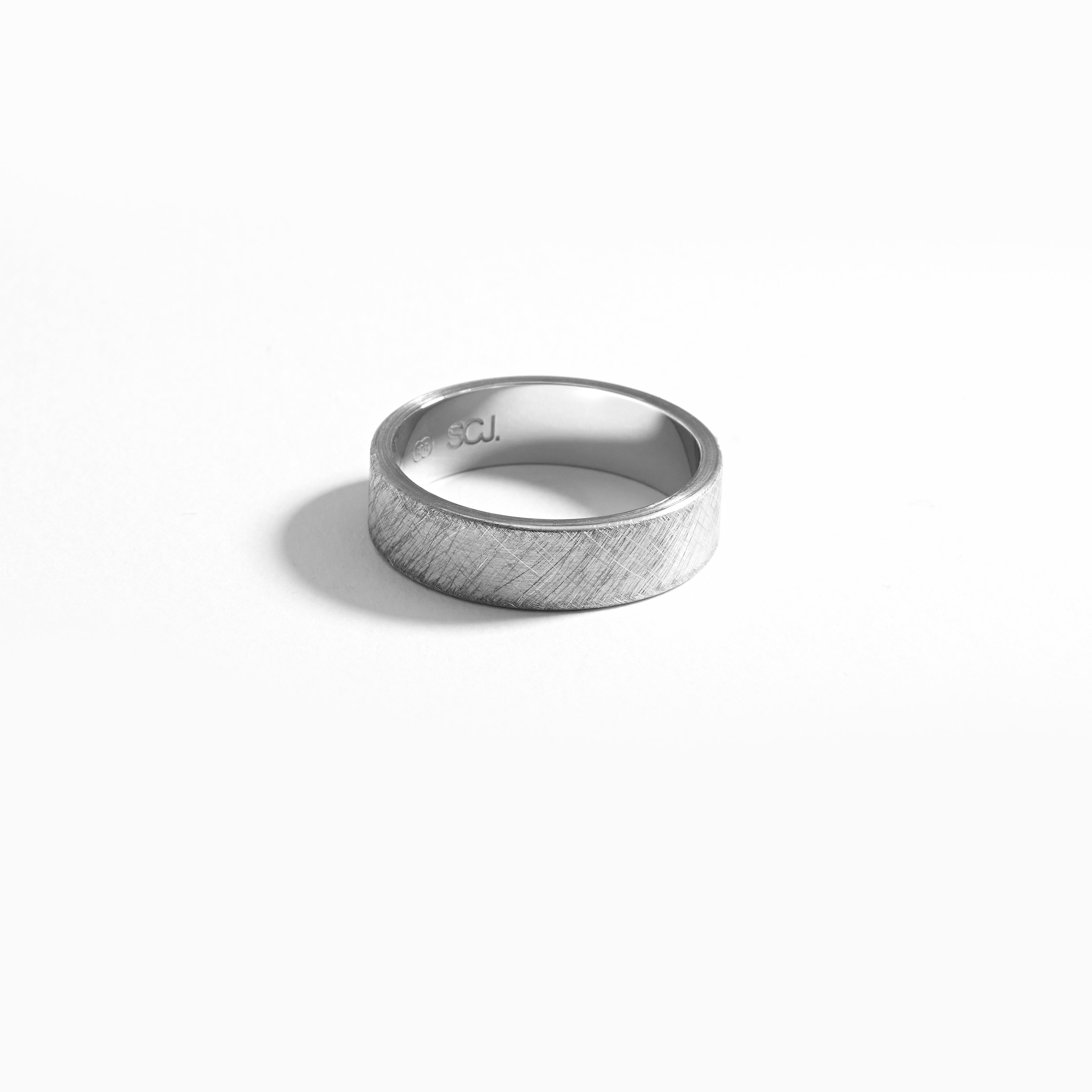 9K White Gold Flat Round Crosshatch Finish Band Ring 6mm