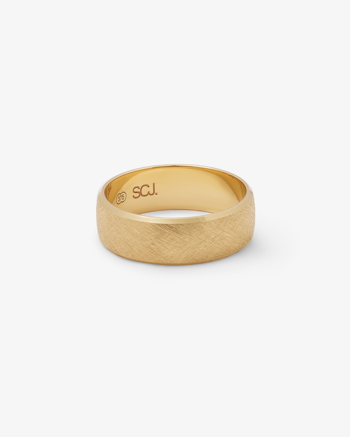 9K Yellow Gold Half Round Band Ring With A Crosshatch Finish Centre And Bevel Edges 7mm