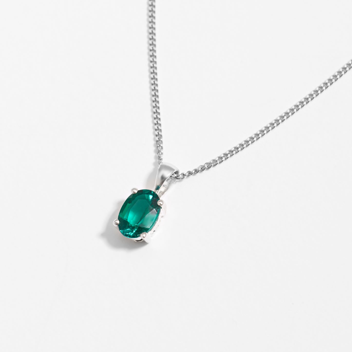 Sterling Silver Oval Created Emerald May Birthstone Pendant