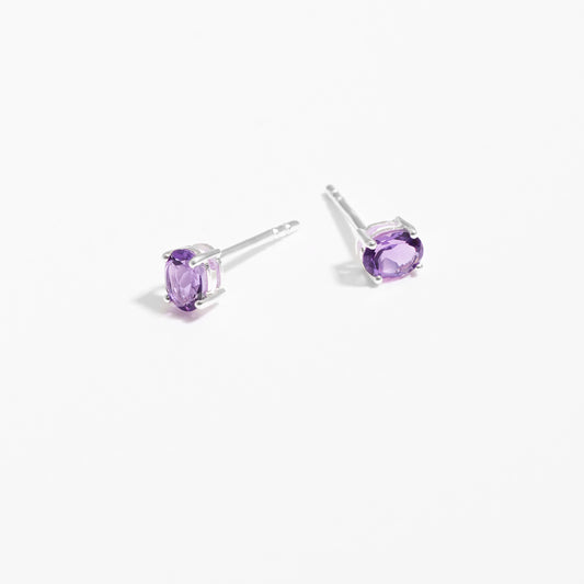 Sterling Silver Oval Amethyst February Birthstone Stud Earrings