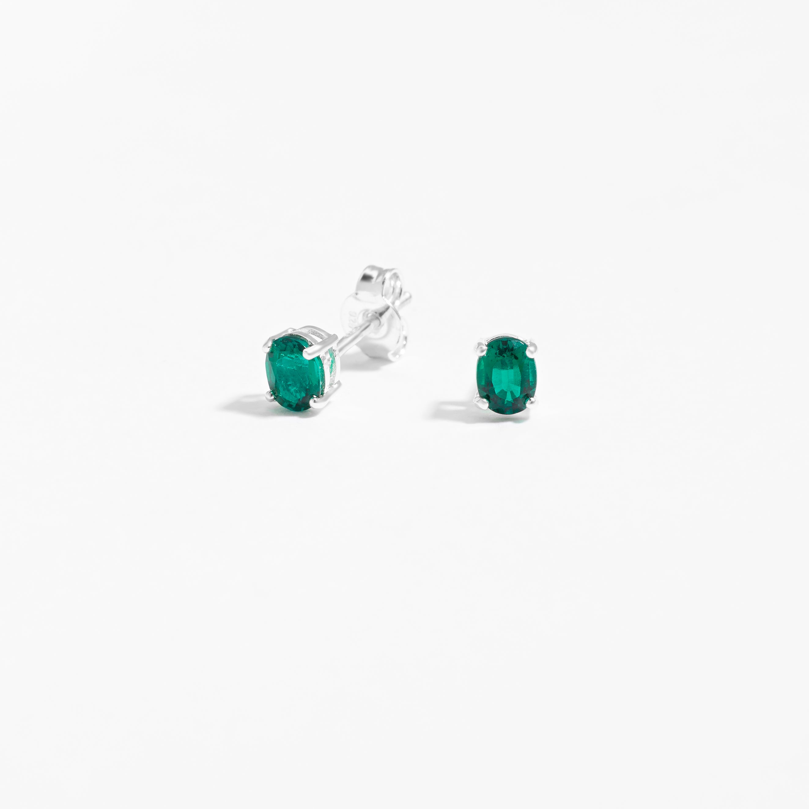 Sterling Silver Oval Created Emerald May Birthstone Stud Earrings
