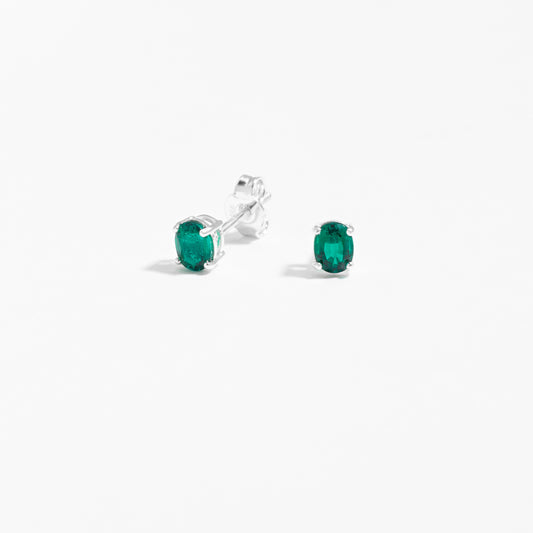 Sterling Silver Oval Created Emerald May Birthstone Stud Earrings