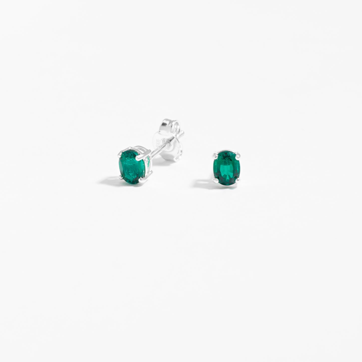 Sterling Silver Oval Created Emerald May Birthstone Stud Earrings