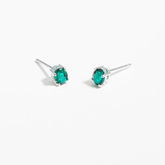 Sterling Silver Oval Created Emerald May Birthstone Stud Earrings