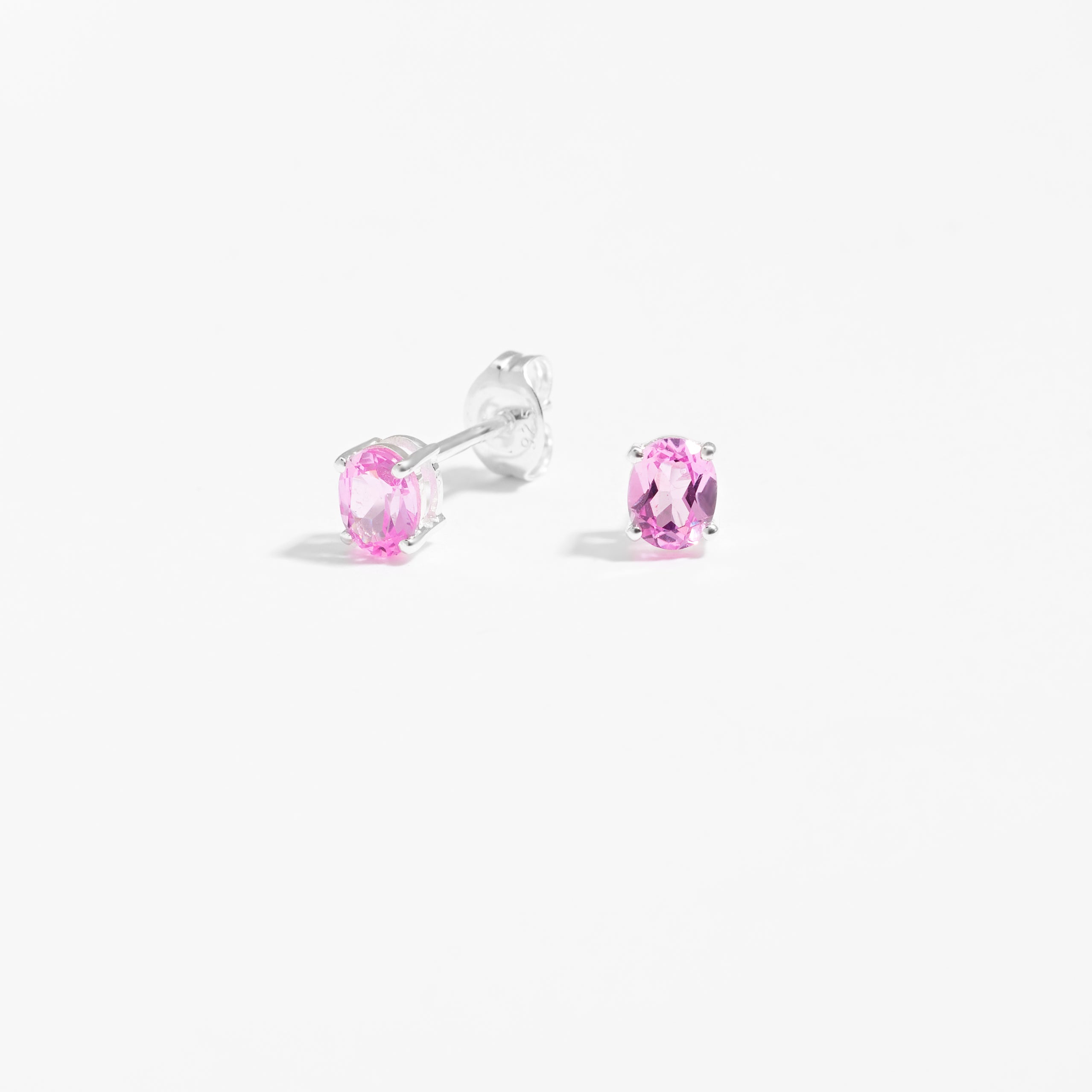 Sterling Silver Oval Created Pink Sapphire October Birthstone Stud Earrings