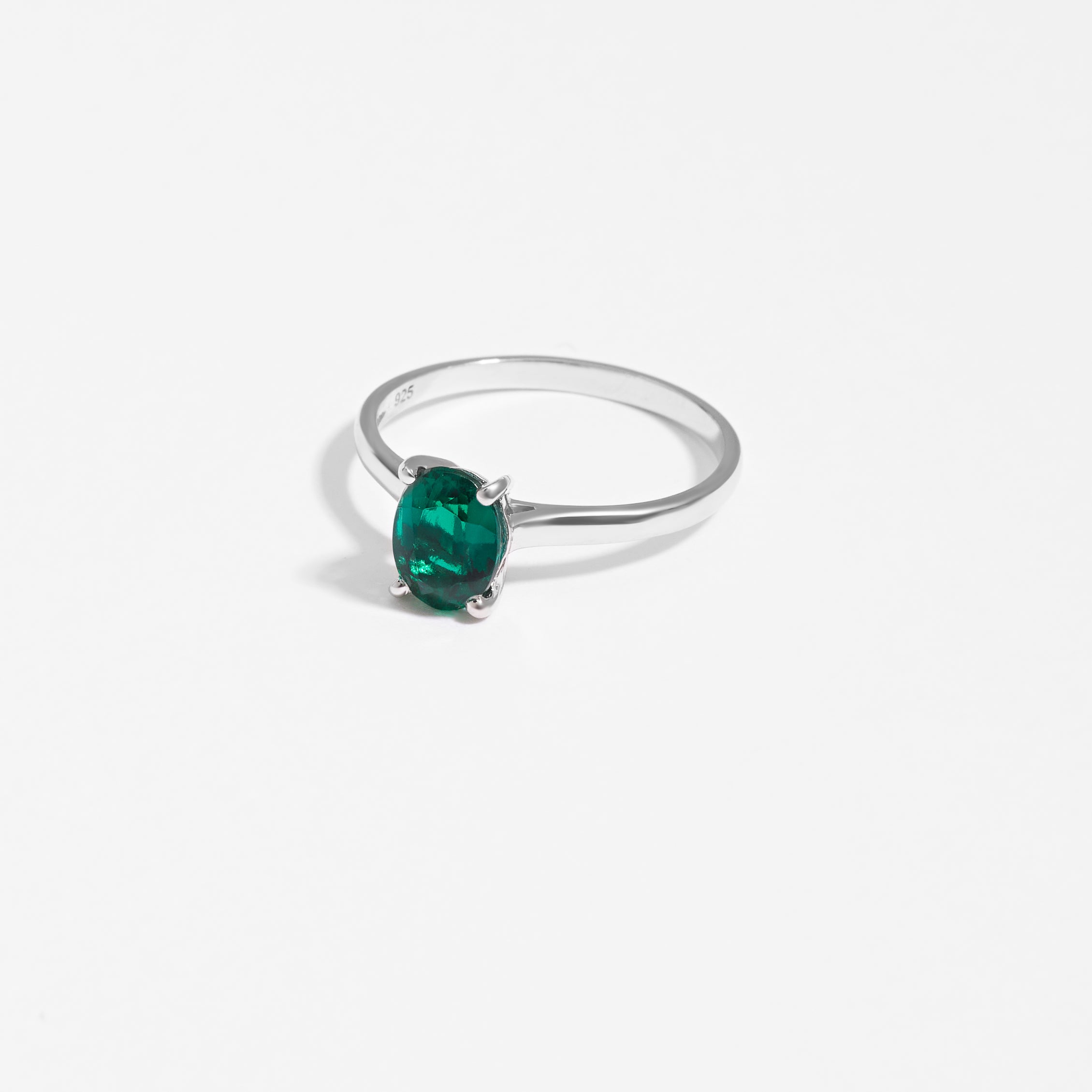 Sterling Silver Oval Created Emerald May Birthstone Ring