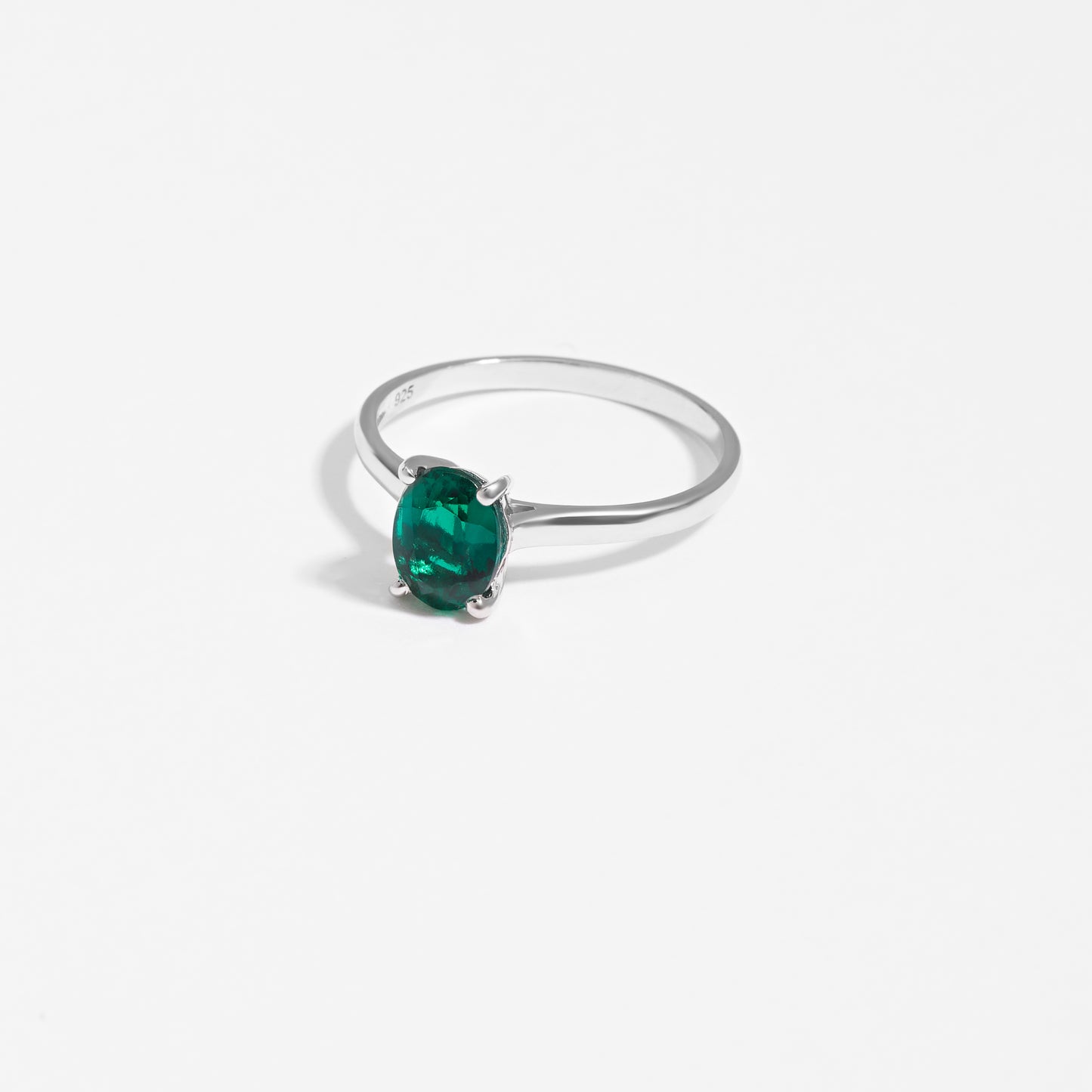 Sterling Silver Oval Created Emerald May Birthstone Ring