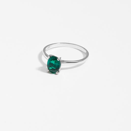 Sterling Silver Oval Created Emerald May Birthstone Ring