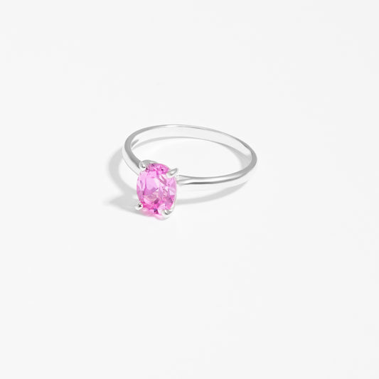 Sterling Silver Oval Created Pink Sapphire October Birthstone Ring