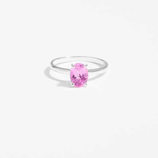 Sterling Silver Oval Created Pink Sapphire October Birthstone Ring