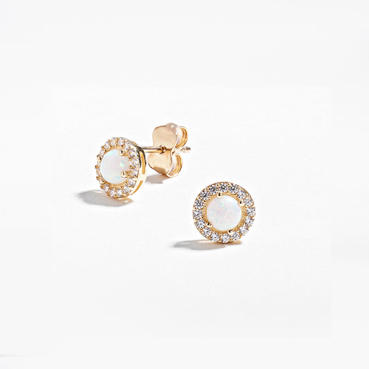 9k Yellow Gold Cr. Opal Halo Stud Earrings