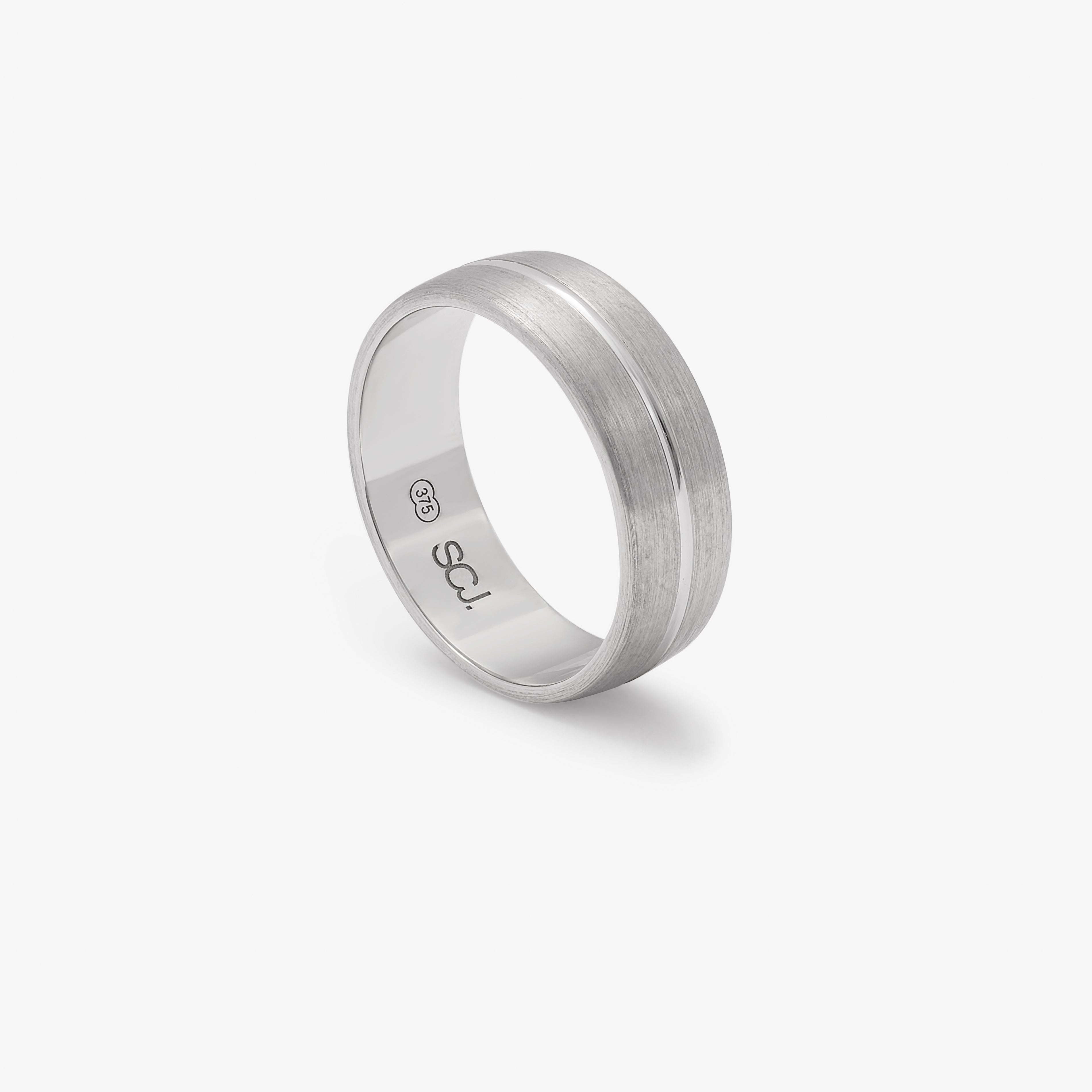 9K White Gold Brushed Finish With Polished Centre Line Band 7mm