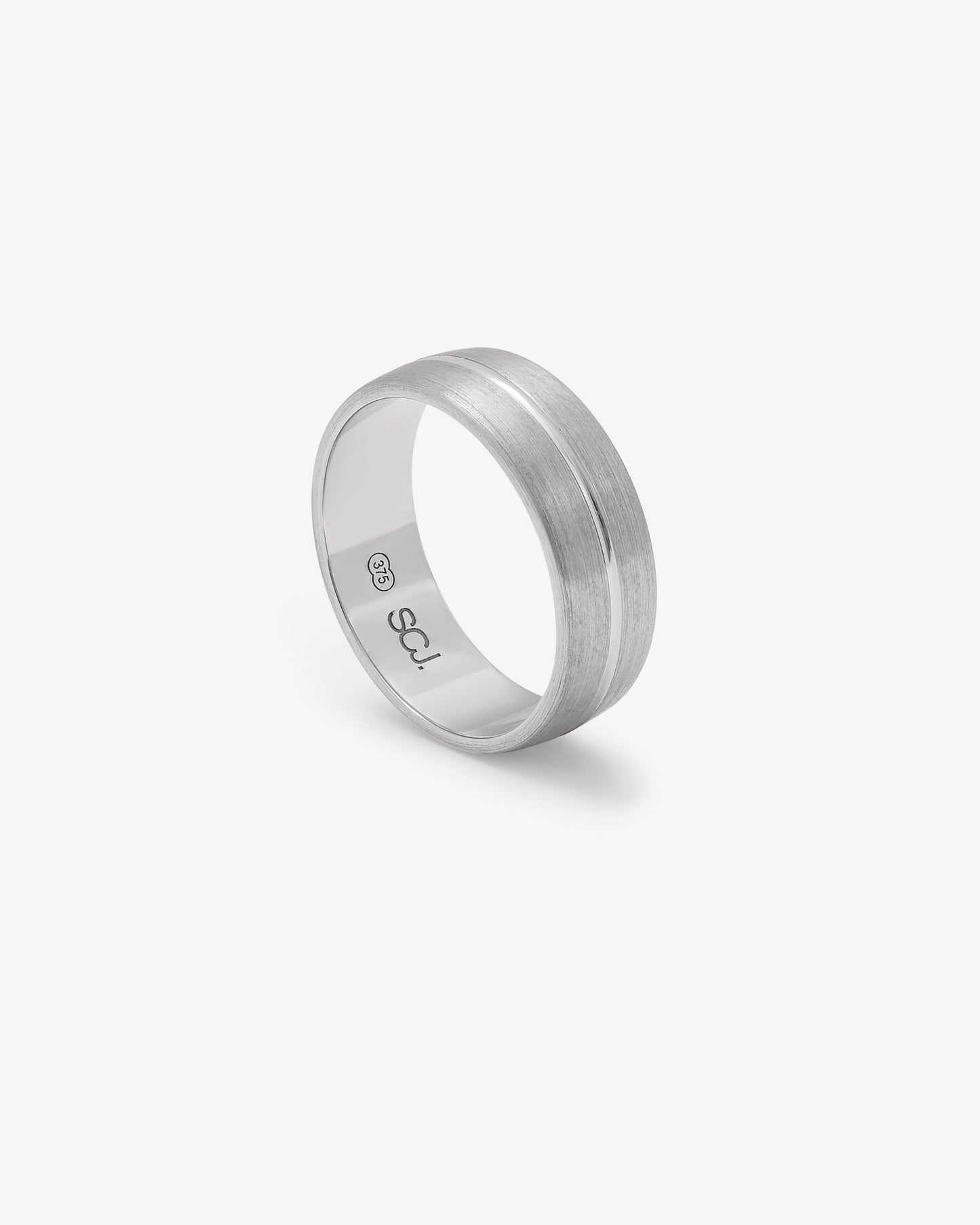9K White Gold Brushed Finish With Polished Centre Line Band 7mm