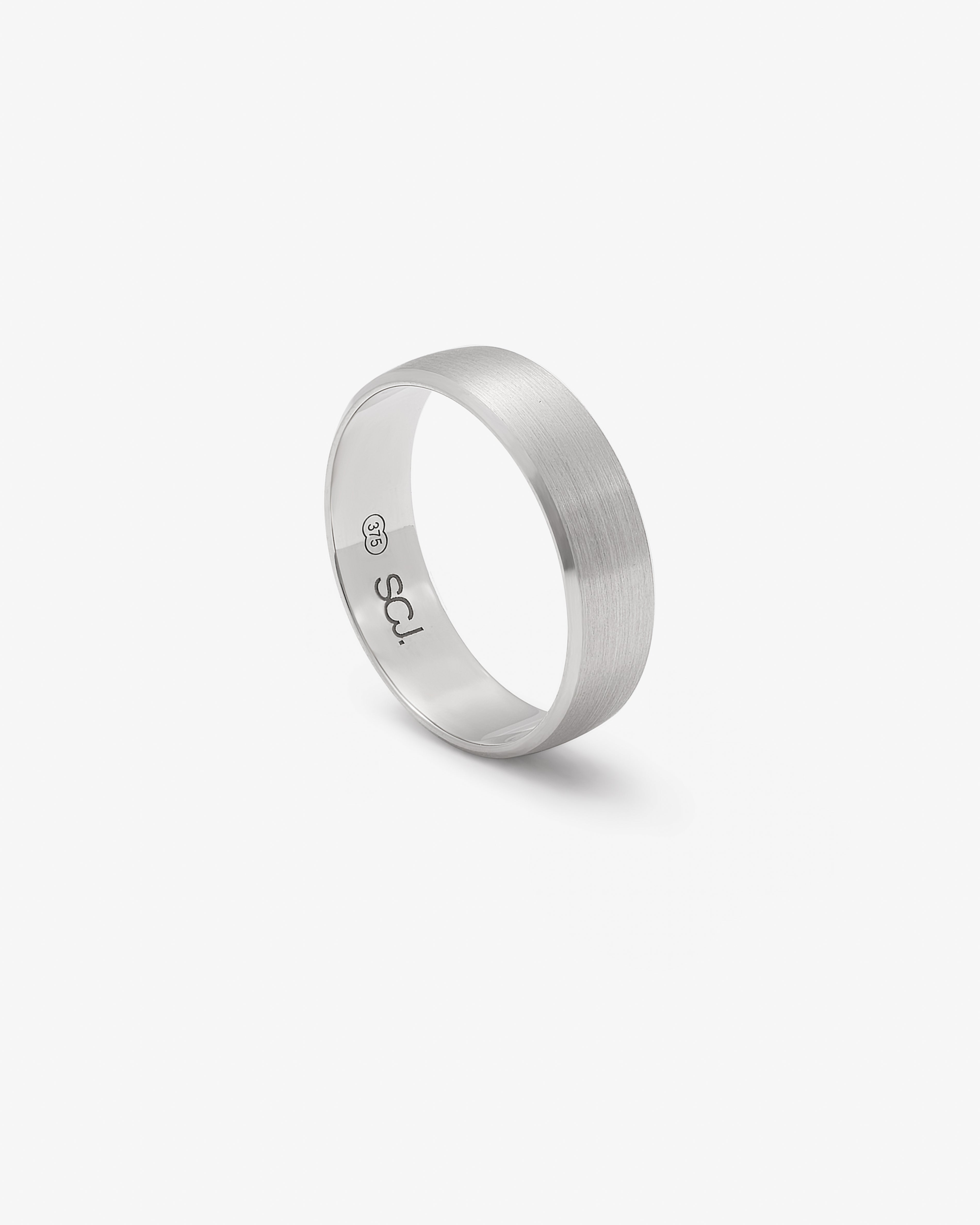 9K White Gold Half Round Bevel Edge Grain Finish Band Ring 6mm