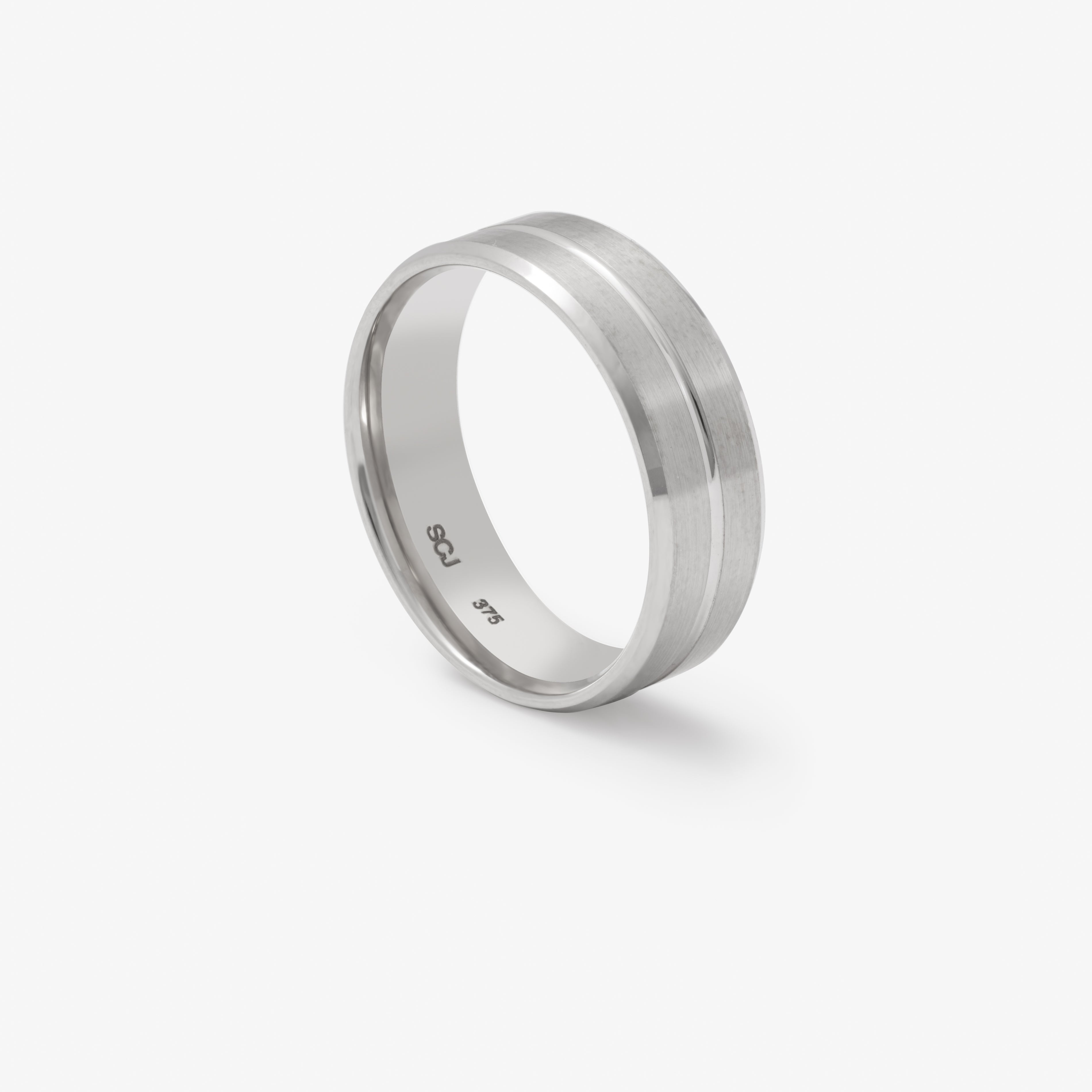 9K White Gold Polished Centre Groove And Bevel Edges Band with Brushed Finish 7mm
