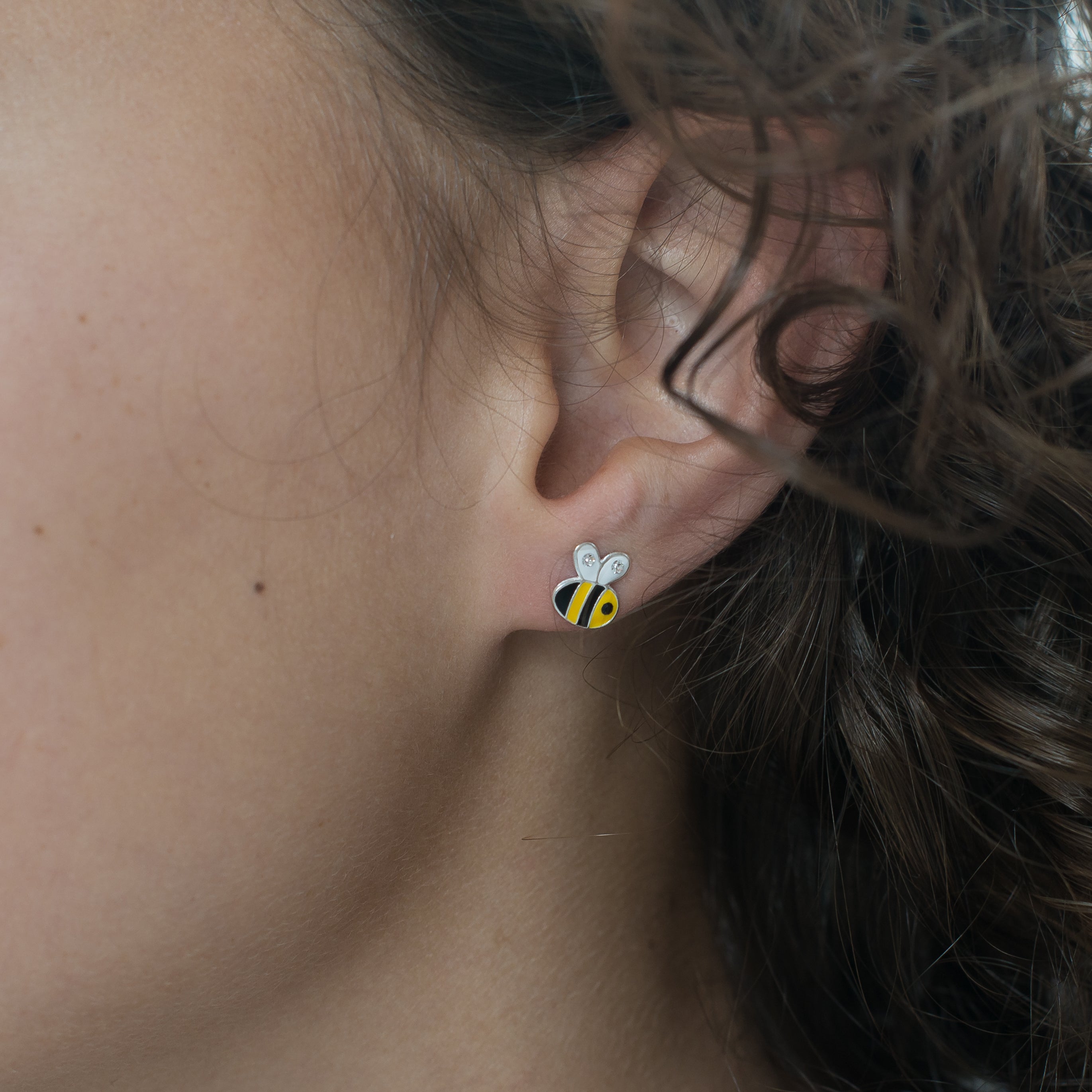 Silver enamel & crystal bee stud earrings