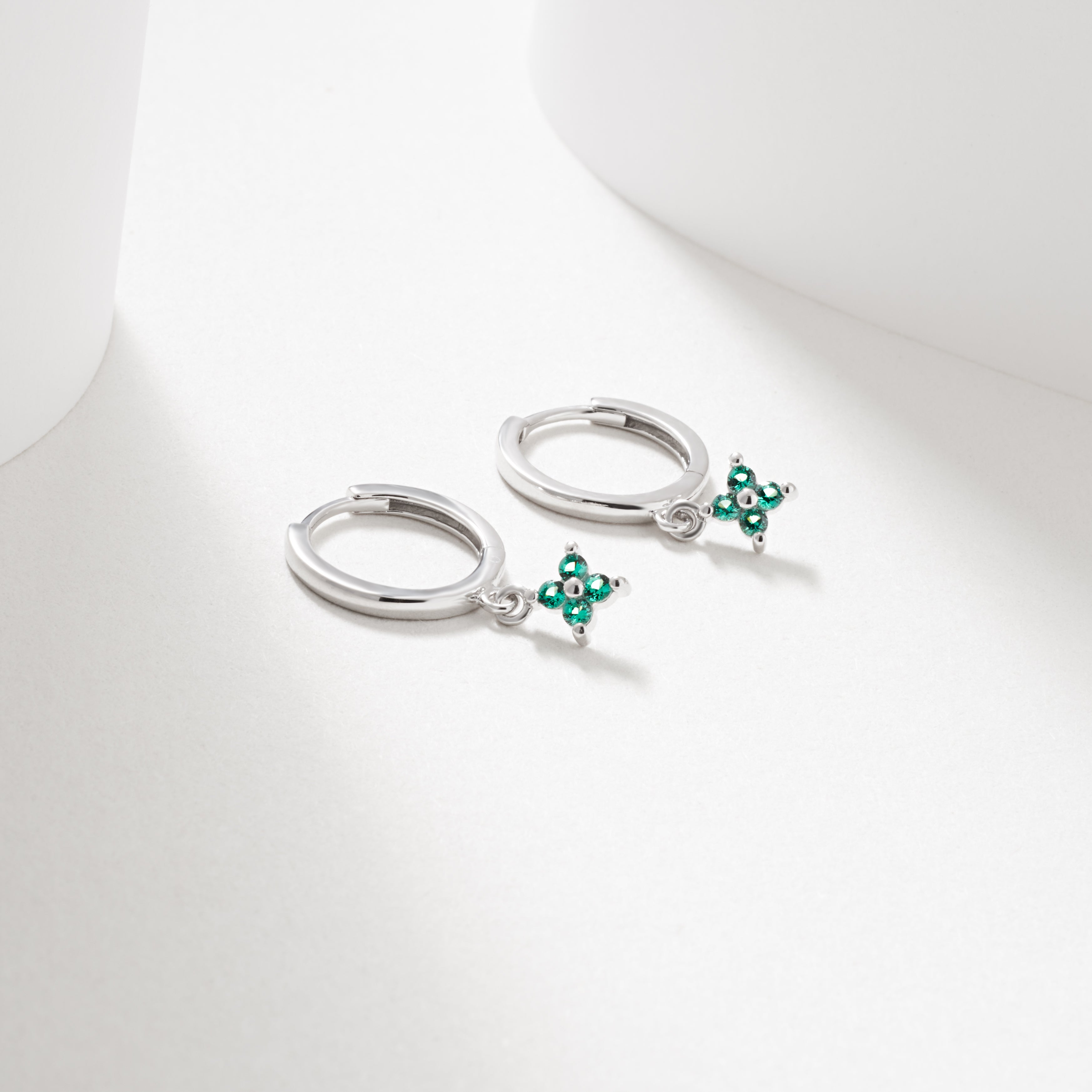 Silver Huggie Earrings with Created Emerald Flower Drops