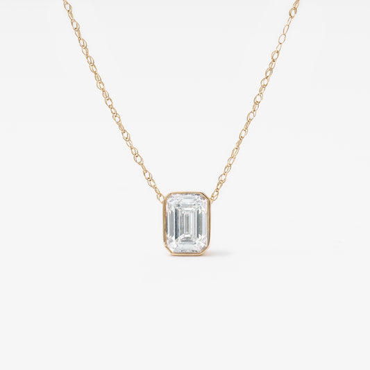 9K Yellow Gold 0.70ct Bezel Emerald Cut Lab Diamond Slider Pendant With Chain 45cm.