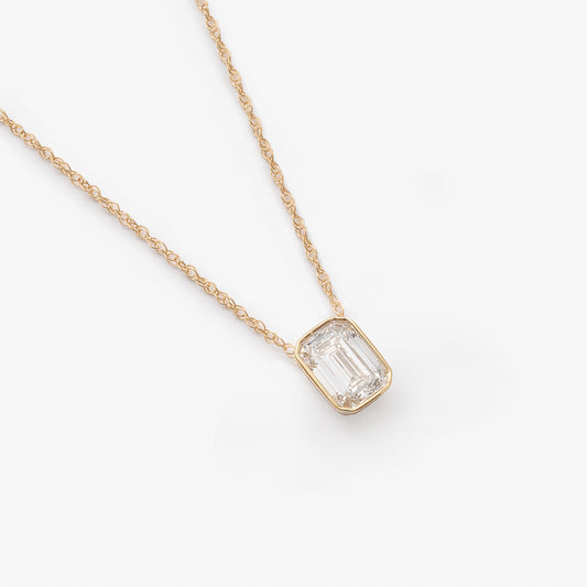 9K Yellow Gold 0.70ct Bezel Emerald Cut Lab Diamond Slider Pendant With Chain 45cm.