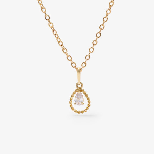 9K Yellow Gold Dainty Rope Open Teardrop With Pear Zirconia Pendant
