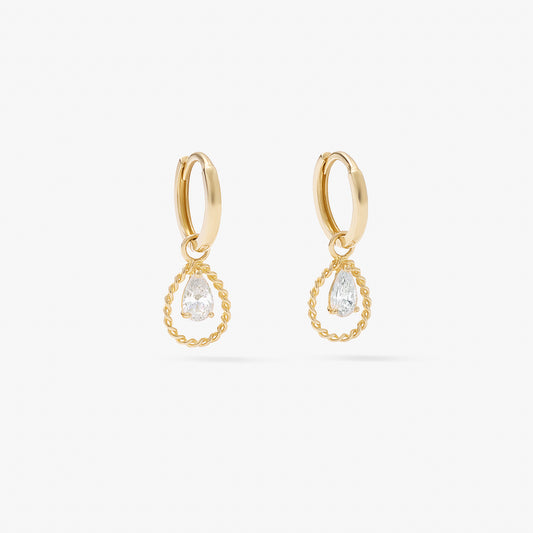 9K Yellow Gold Rope Open Teardrop And Pear Zirconia Charm Huggie Earrings