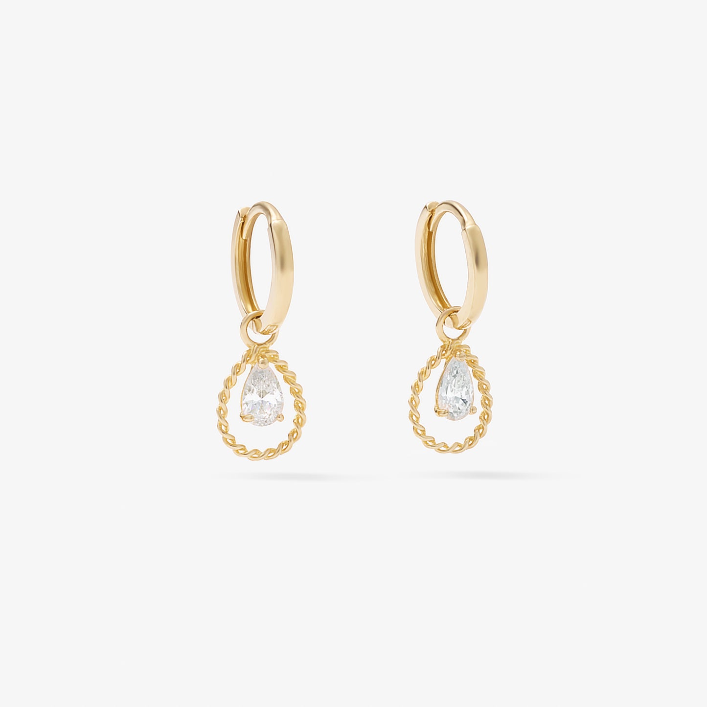 9K Yellow Gold Rope Open Teardrop And Pear Zirconia Charm Huggie Earrings