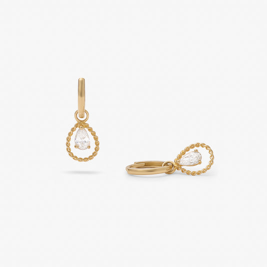 9K Yellow Gold Rope Open Teardrop And Pear Zirconia Charm Huggie Earrings